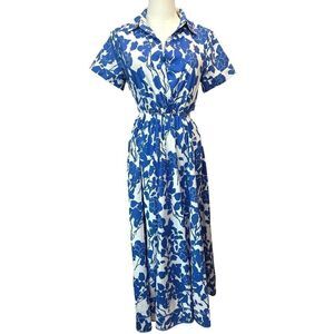 NWT Aakaa Anthropologie Small Side Cutout Blue White Maxi Artsy Festive Dress